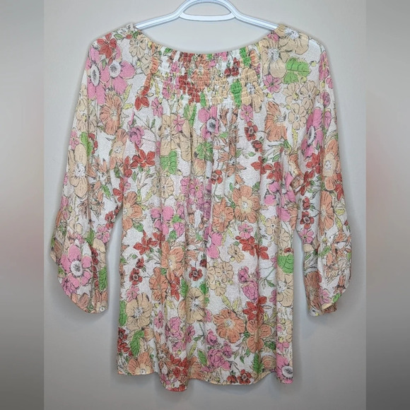 Zac & Rachel  Smocked Neck 3/4 Flutter Sleeve White Floral Women M - Picture 2 of 7